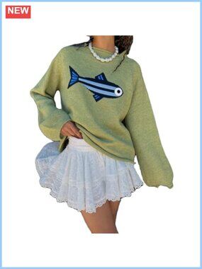 Rib Knit Fish Graphic Sweater Crew Neck Oversized Vintage Pullover